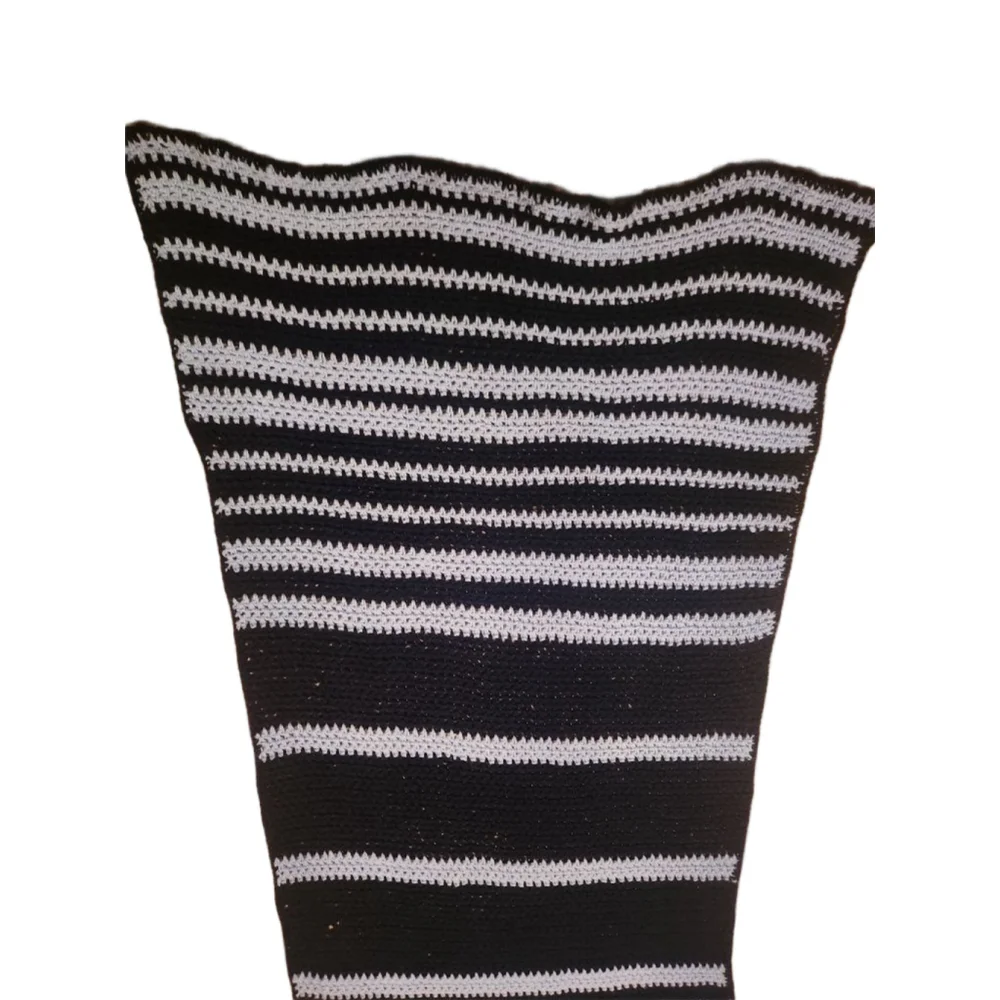 Vintage Crocheted Navy & Lt Blue Striped 100%Cotton Yarn Throw Blanket 36x74in